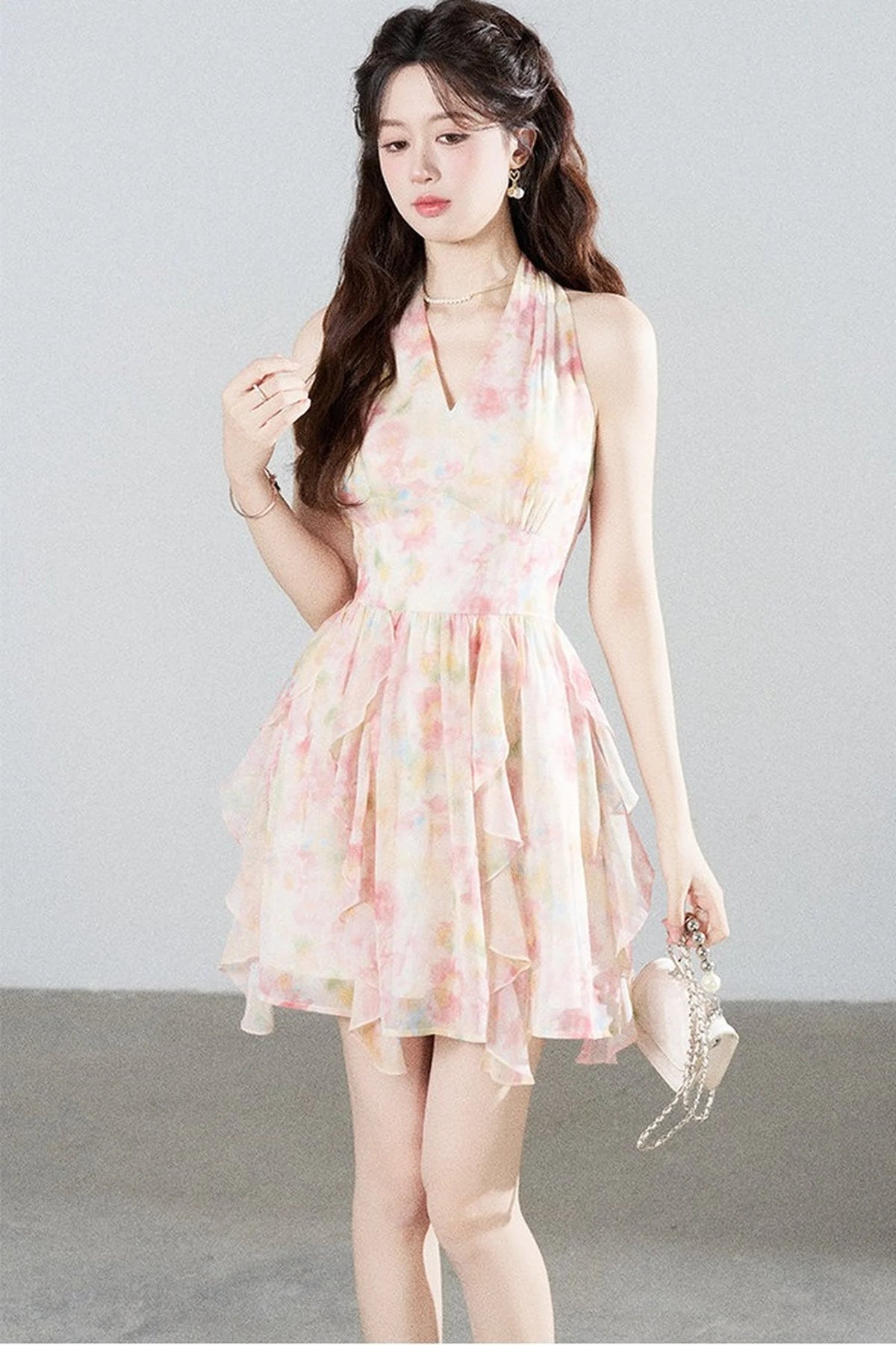 Floral Chiffon Halter V-Neck Ruffle Dress