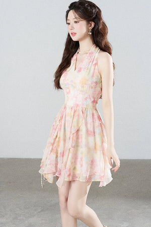 Floral Chiffon Halter V-Neck Ruffle Dress