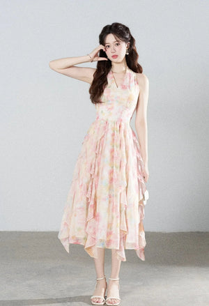 Floral Chiffon Halter V-Neck Ruffle Dress