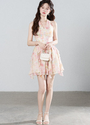 Floral Chiffon Halter V-Neck Ruffle Dress
