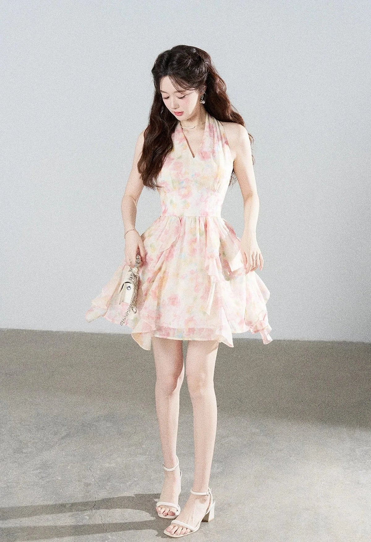 Floral Chiffon Halter V-Neck Ruffle Dress
