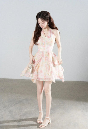 Floral Chiffon Halter V-Neck Ruffle Dress