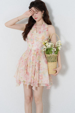 Floral Chiffon Halter V-Neck Ruffle Dress