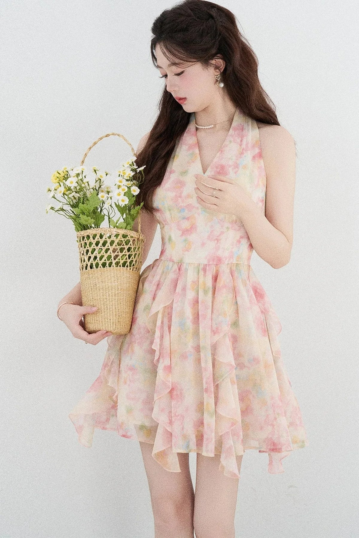 Floral Chiffon Halter V-Neck Ruffle Dress