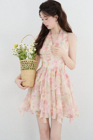 Floral Chiffon Halter V-Neck Ruffle Dress