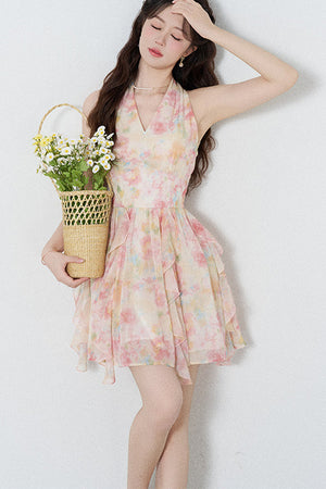 Floral Chiffon Halter V-Neck Ruffle Dress