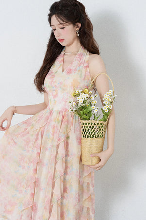 Floral Chiffon Halter V-Neck Ruffle Dress