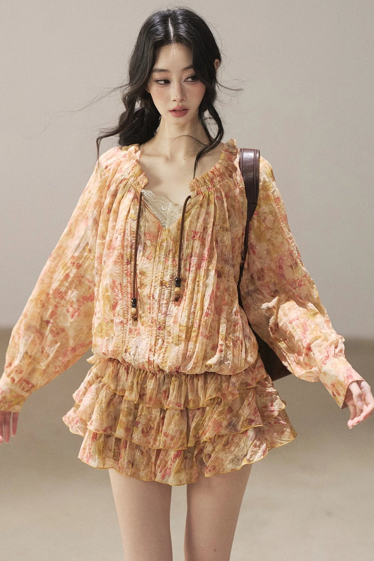 Floral Chiffon Shirt Dress And Leggings