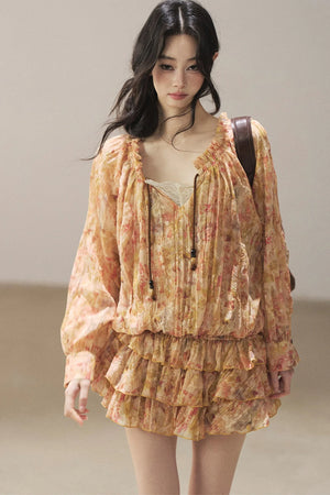 Floral Chiffon Shirt Dress And Leggings