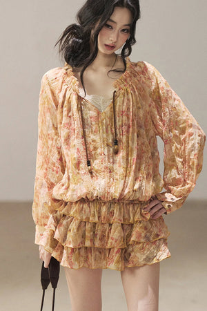 Floral Chiffon Shirt Dress And Leggings