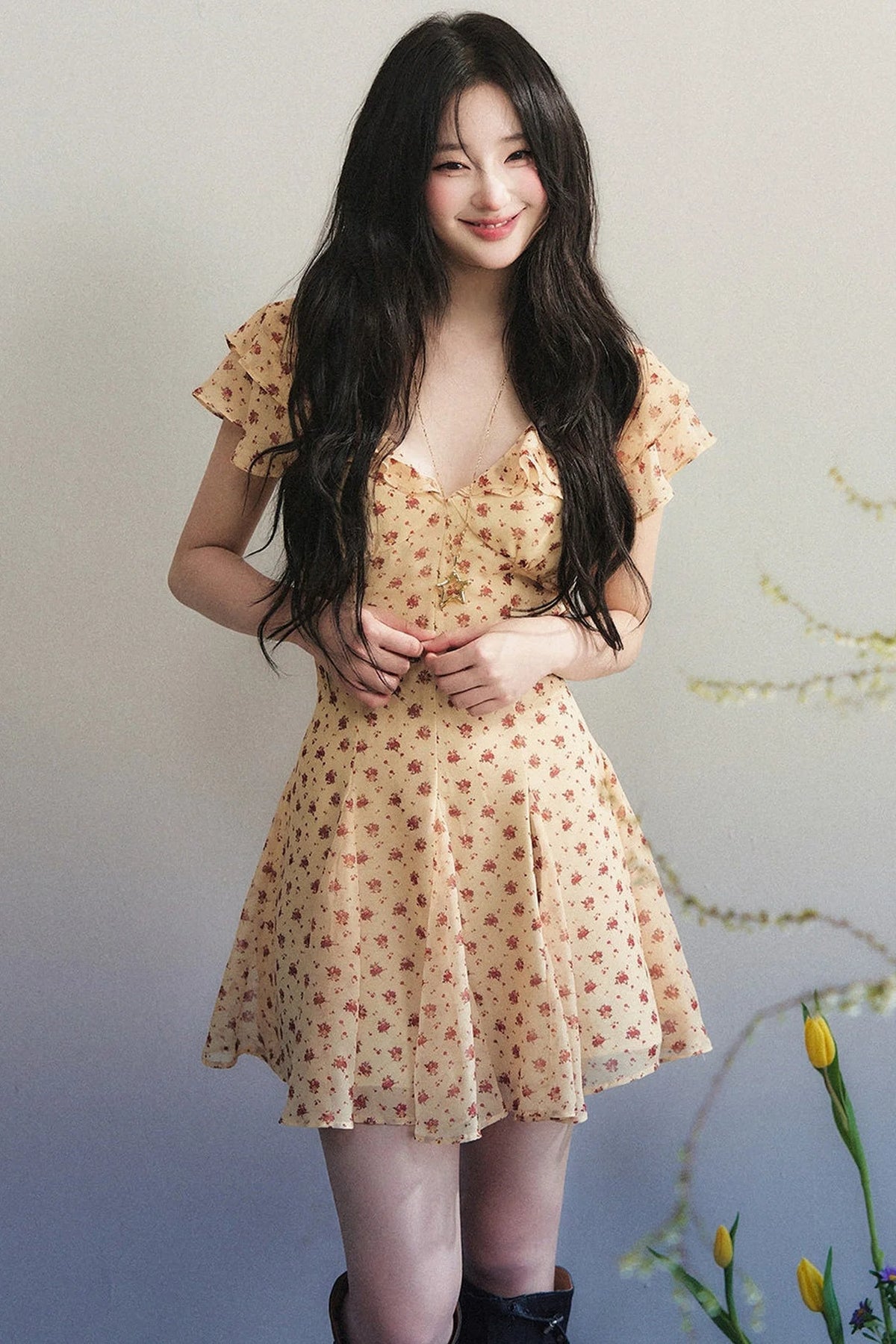 Floral Chiffon V Neck Ruffled Pleated Dress