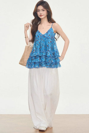 Floral Cotton Linen Camisole Set-Up