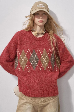A red and brown diamond-patterned knit sweater.