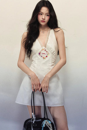 Floral Embroidered Lace V-Neck Sleeveless A-Line Mini Dress