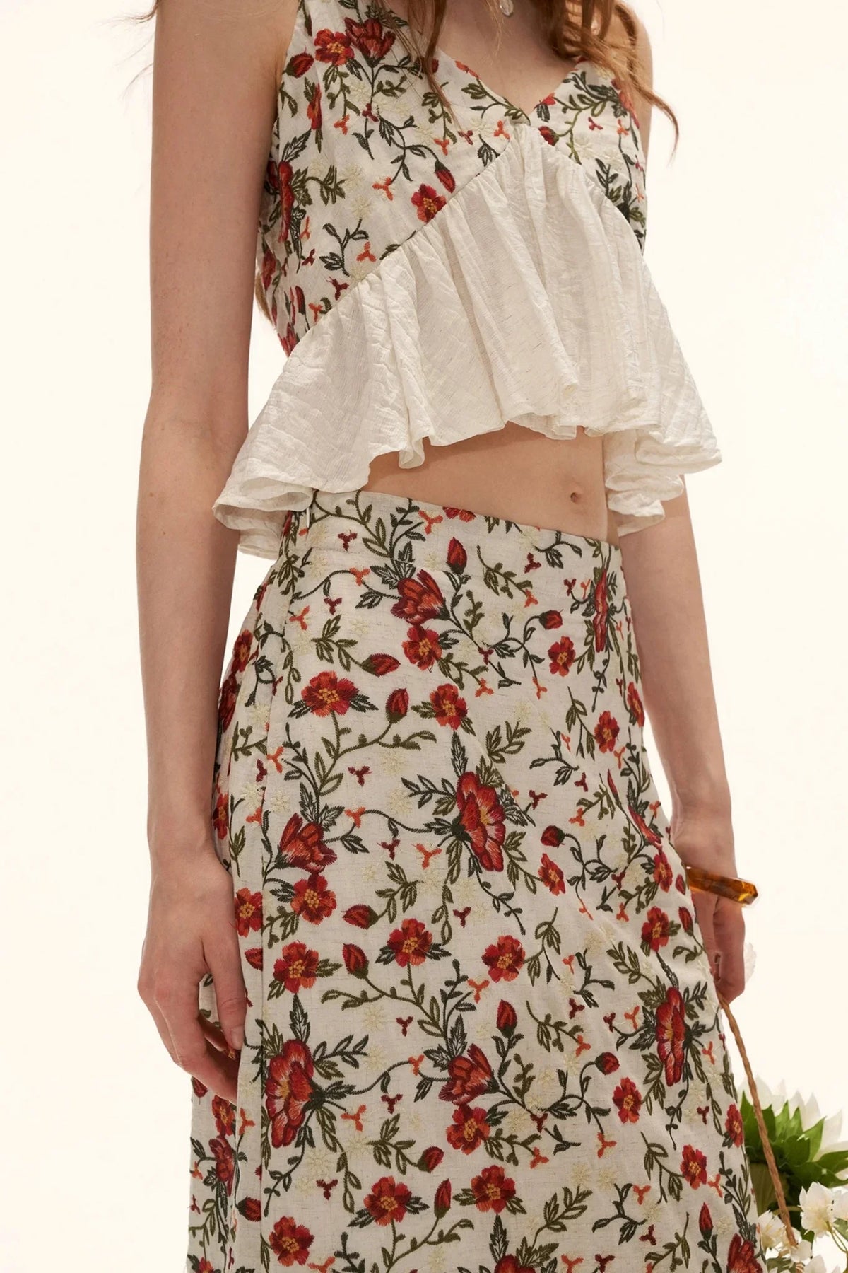 Floral Embroidered Ruffled Camisole Top Set-Up