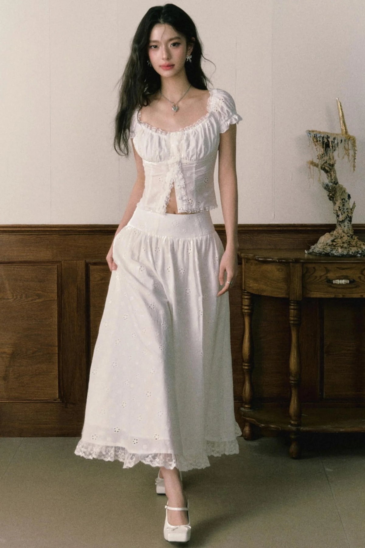 Floral Embroidered Top And Flared Skirt Set-Up