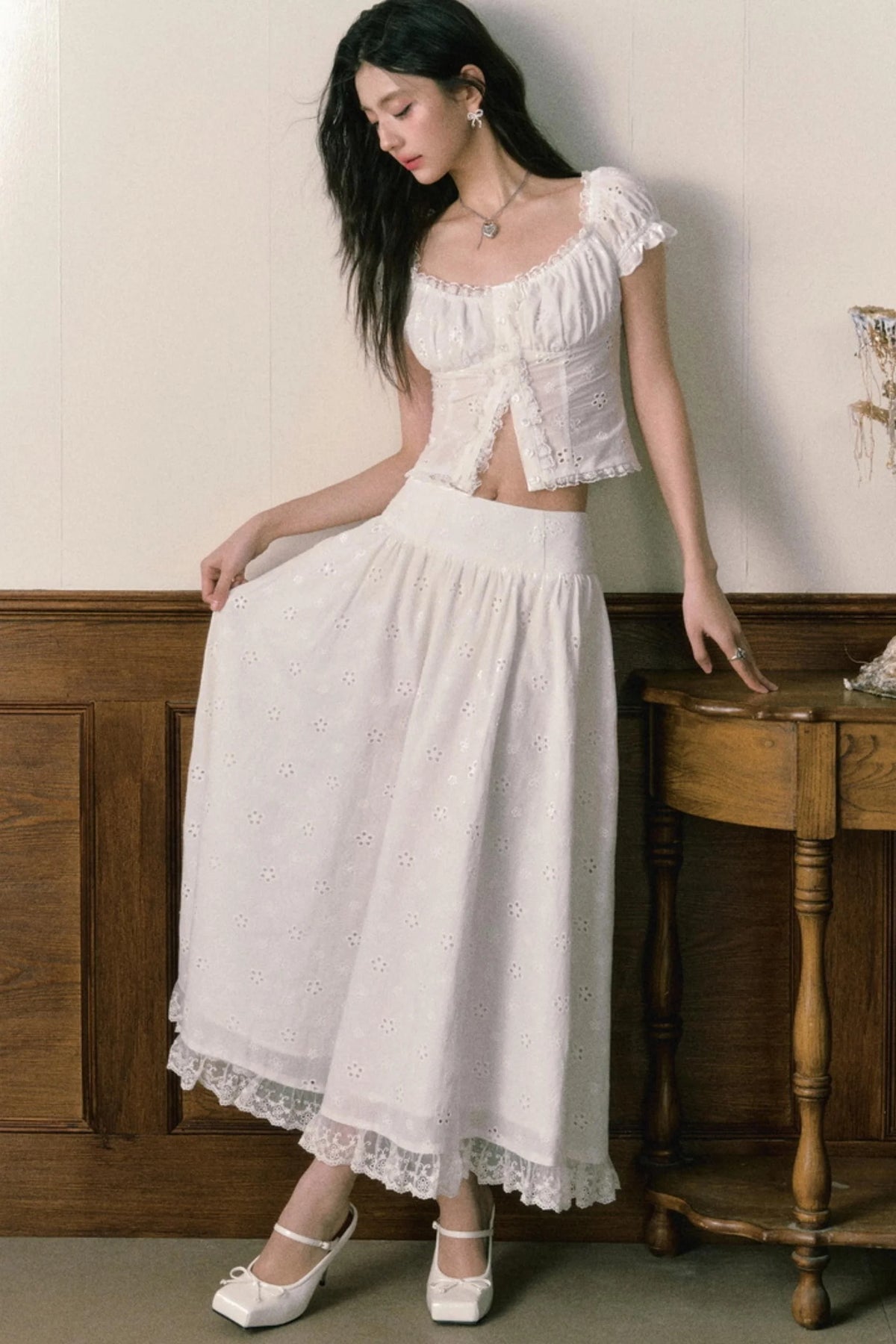 Floral Embroidered Top And Flared Skirt Set-Up