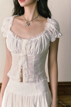 Floral Embroidered Top And Flared Skirt Set-Up