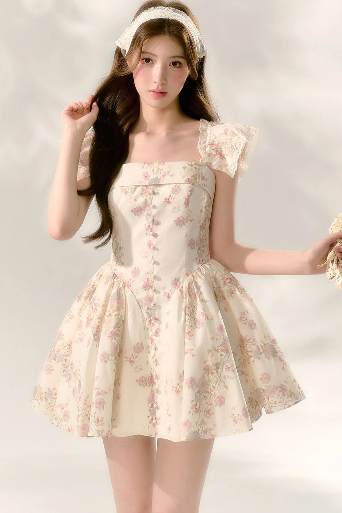Floral Flutter Sleeve Puffy Dress