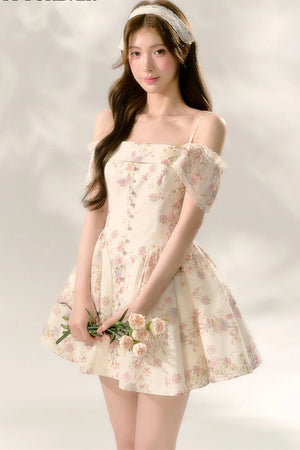 Floral Flutter Sleeve Puffy Dress