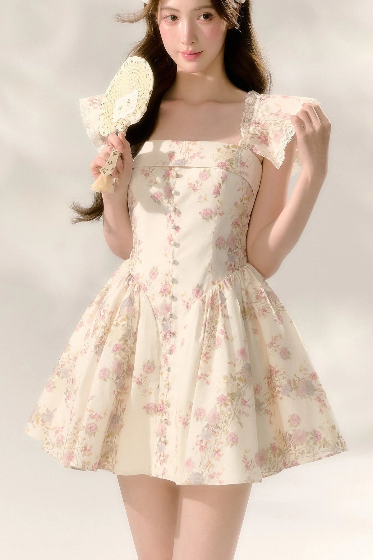 Floral Flutter Sleeve Puffy Dress
