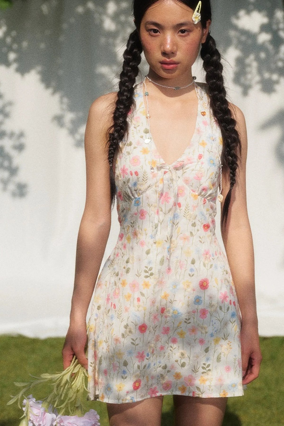 Floral Halterneck V-Neck Tie Waist Dress