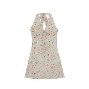 Floral Halterneck V-Neck Tie Waist Dress