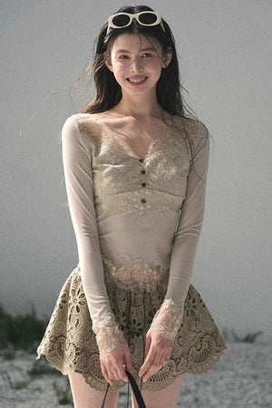 Floral Hollow-Out Puffy Skirt