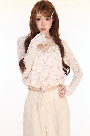 Floral Lace Camisole Cardigan and Pants Set-Up
