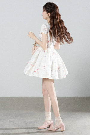 Floral Lace Cutout Waist Puff Dress