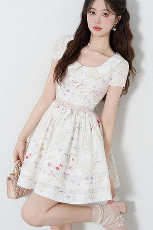 Floral Lace Cutout Waist Puff Dress
