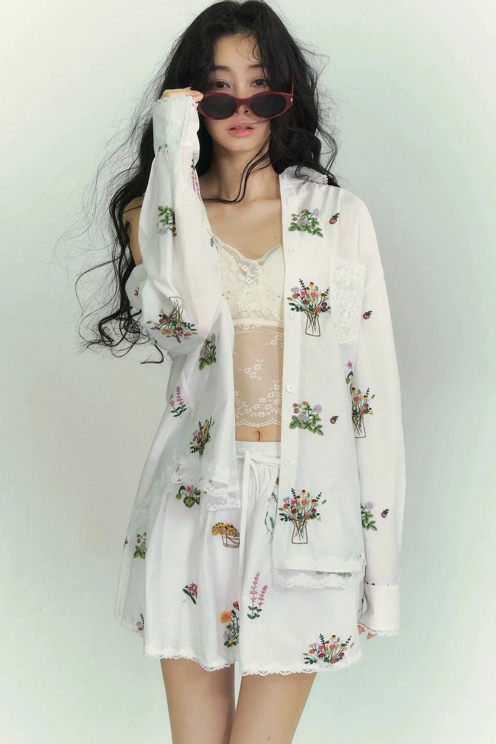 Floral Lace Embroidery Blouse & Skirt Set-Up