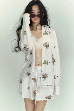 Floral Lace Embroidery Blouse & Skirt Set-Up