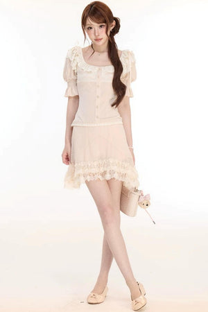 Floral Lace Lantern Sleeve Top and Chiffon Skirt Set-Up