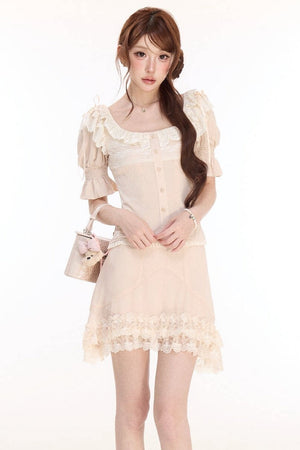 Floral Lace Lantern Sleeve Top and Chiffon Skirt Set-Up