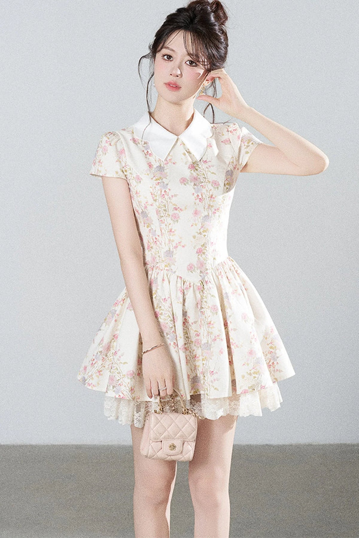 Floral Lace Puff Short Dress