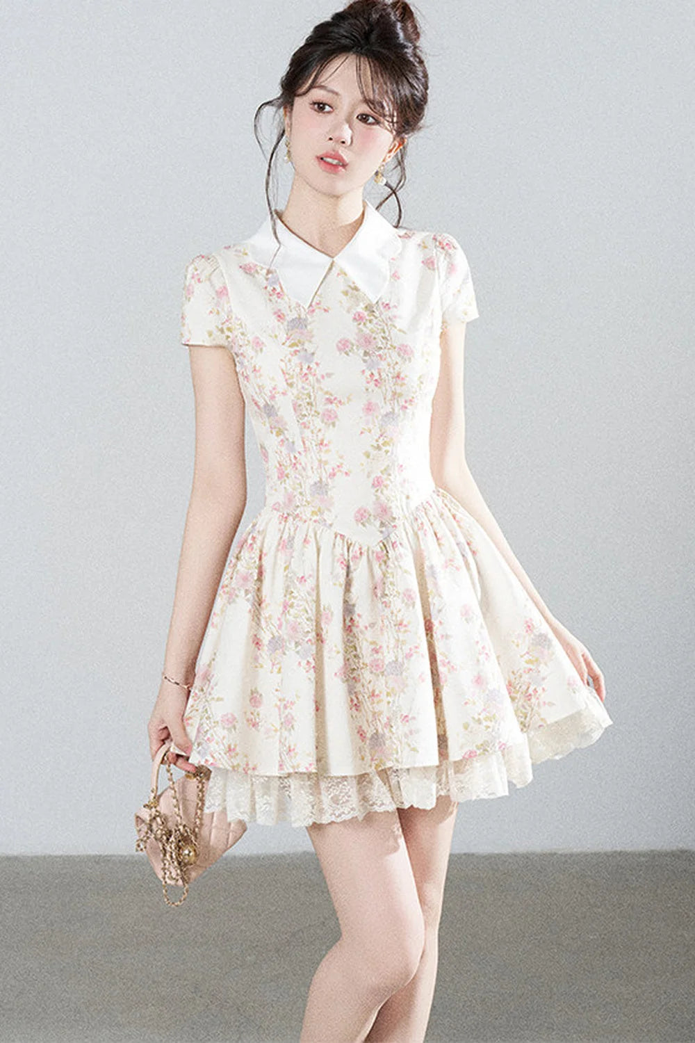 Floral Lace Puff Short Dress