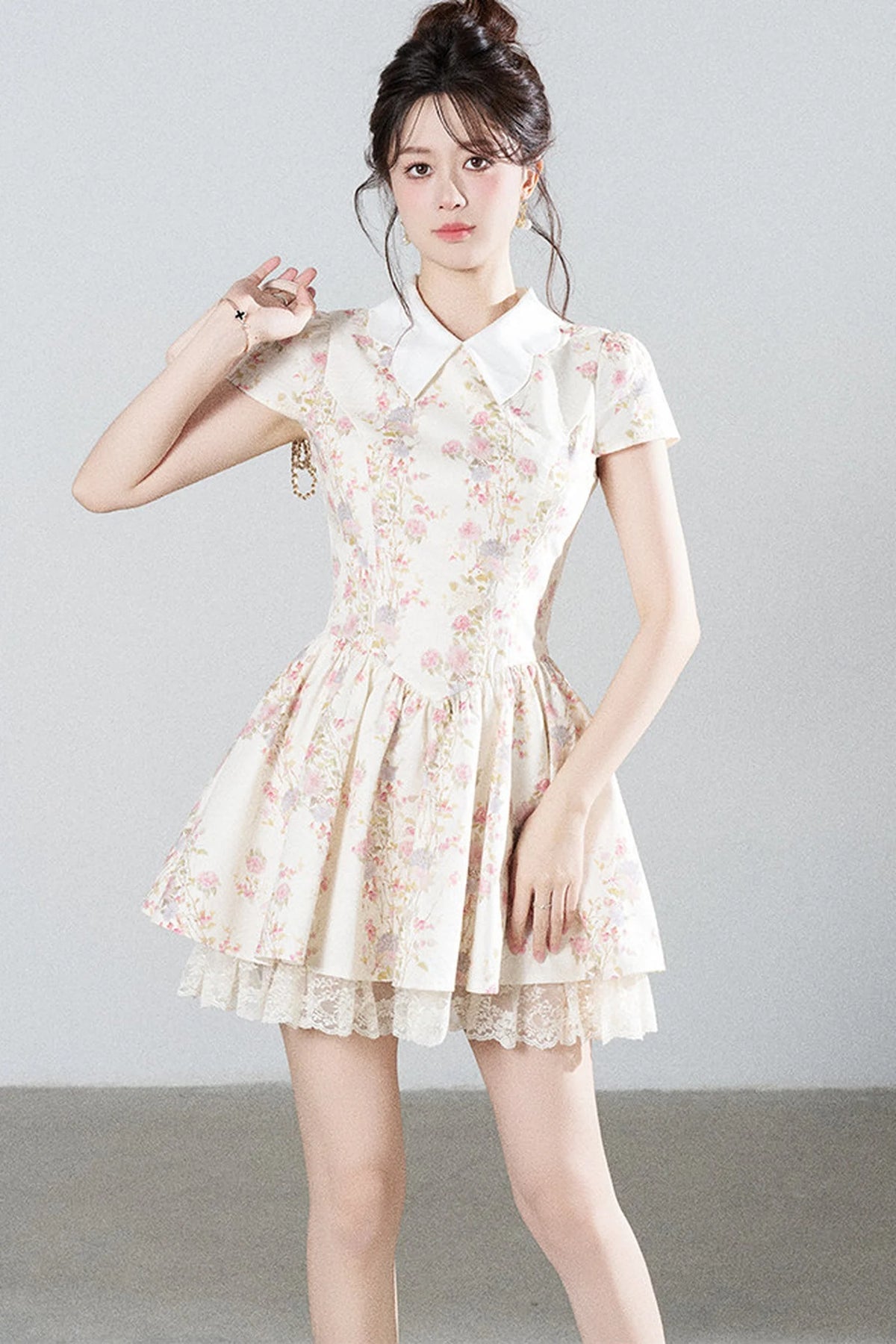 Floral Lace Puff Short Dress