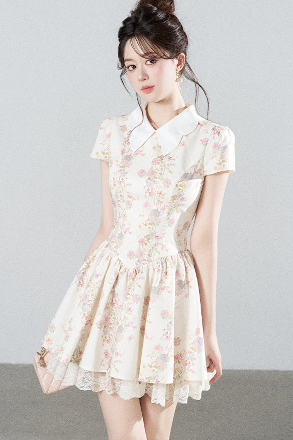 Floral Lace Puff Short Dress