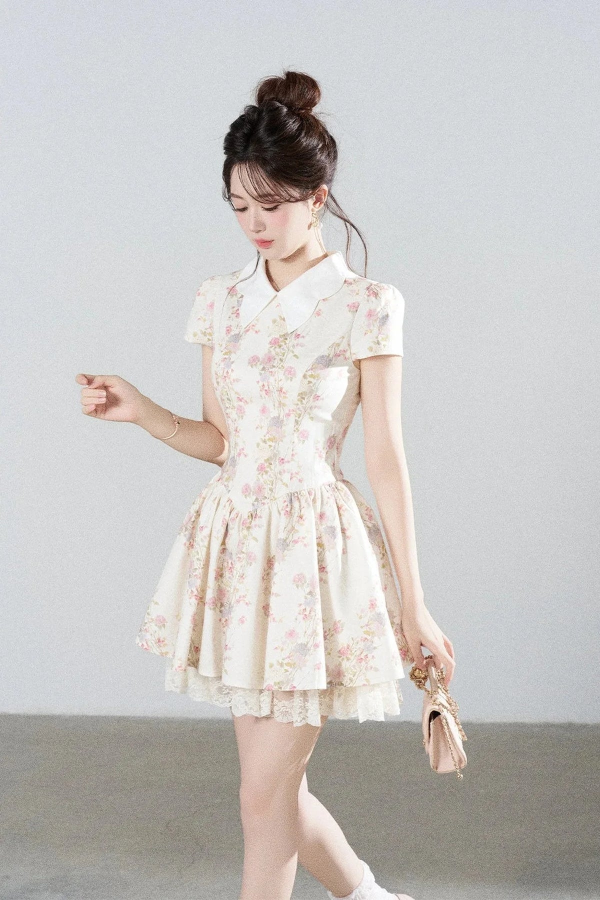 Floral Lace Puff Short Dress