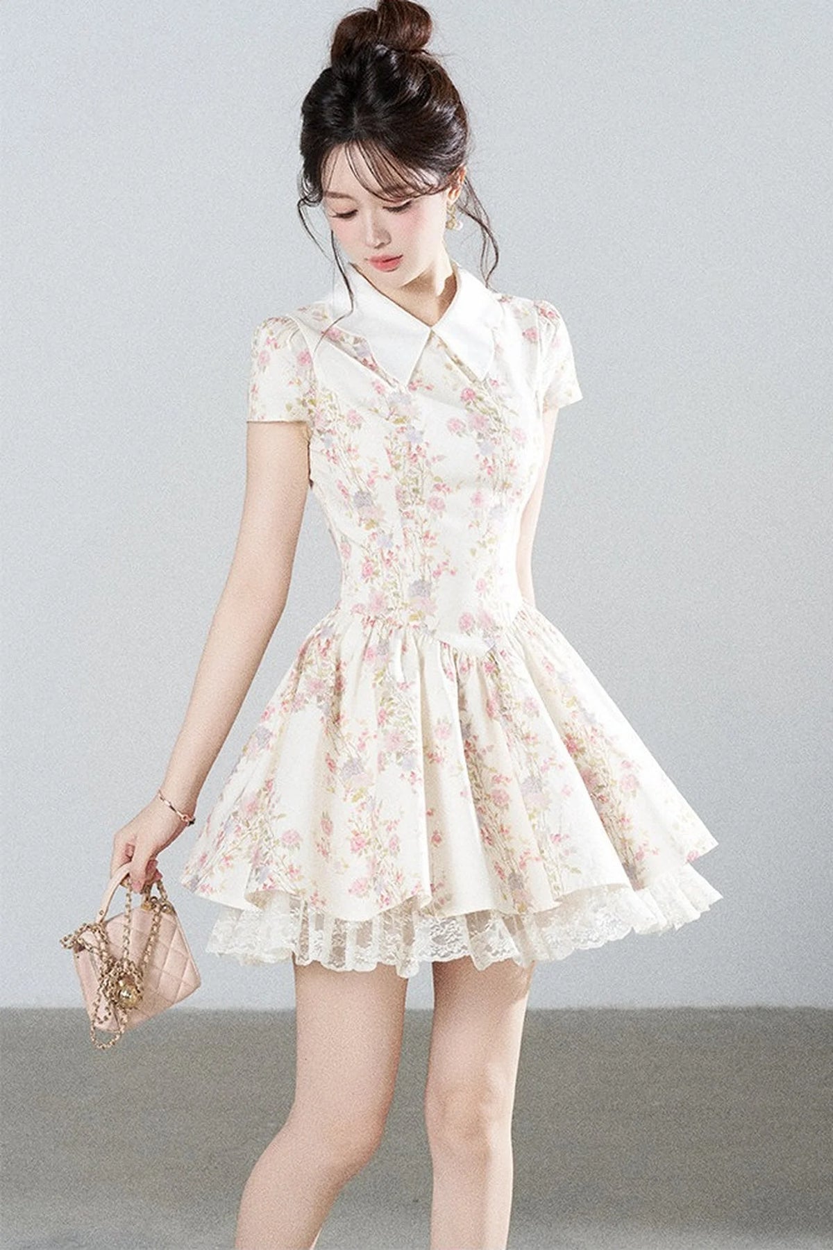 Floral Lace Puff Short Dress