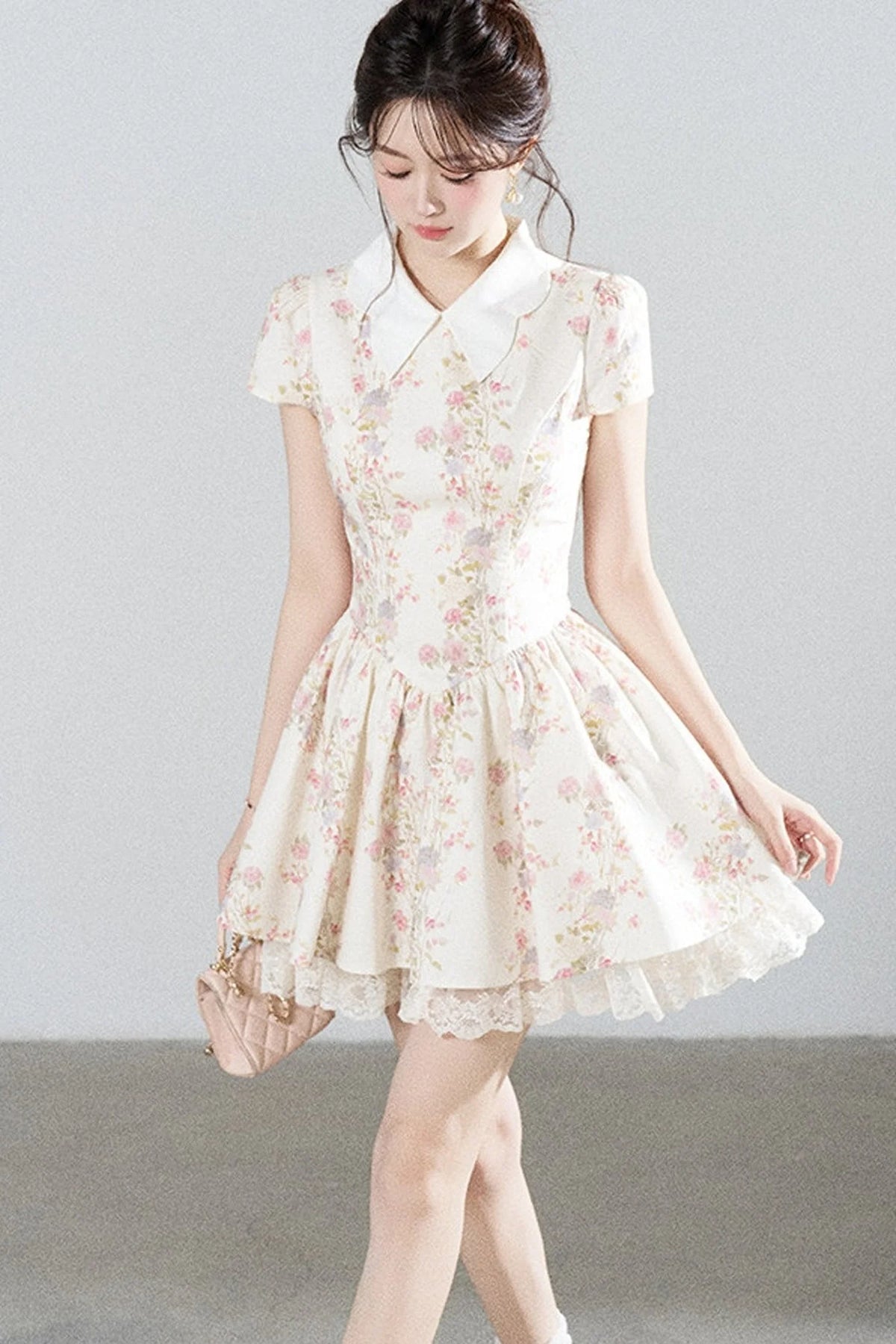 Floral Lace Puff Short Dress