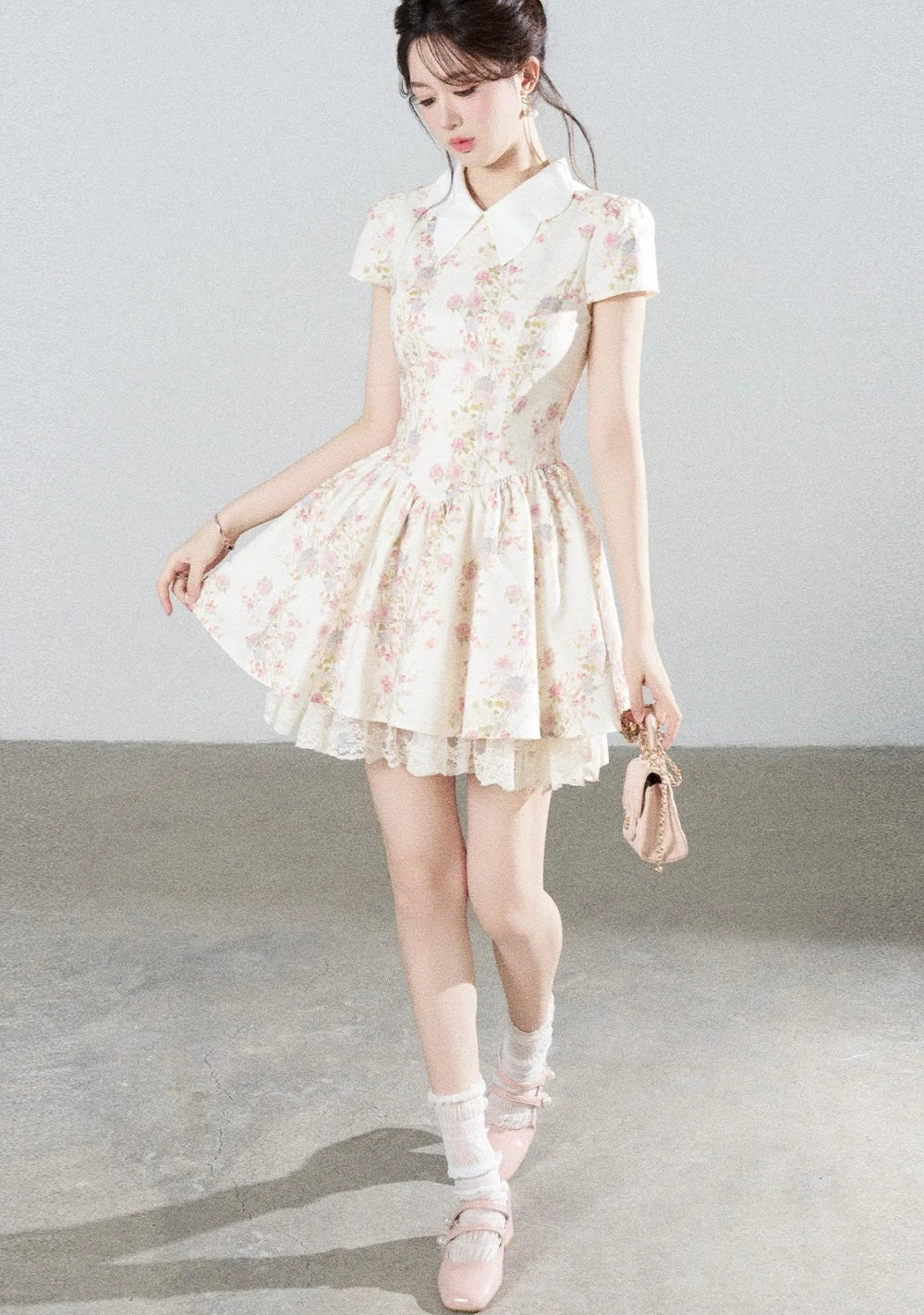 Floral Lace Puff Short Dress