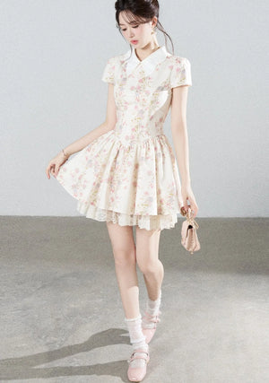 Floral Lace Puff Short Dress