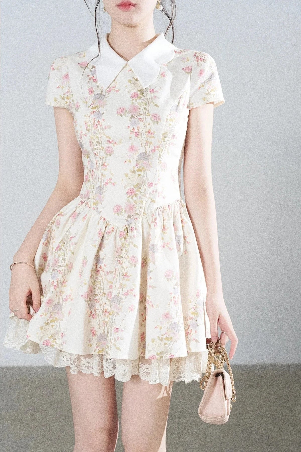 Floral Lace Puff Short Dress