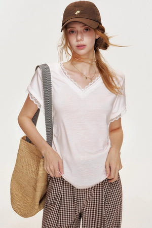 Floral Lace Shirring Short Sleeve T-Shirt