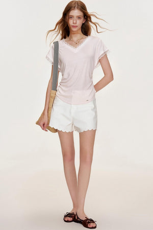 Floral Lace Shirring Short Sleeve T-Shirt