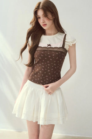 Floral Lace Strap Camisole And Puff Sleeve Top