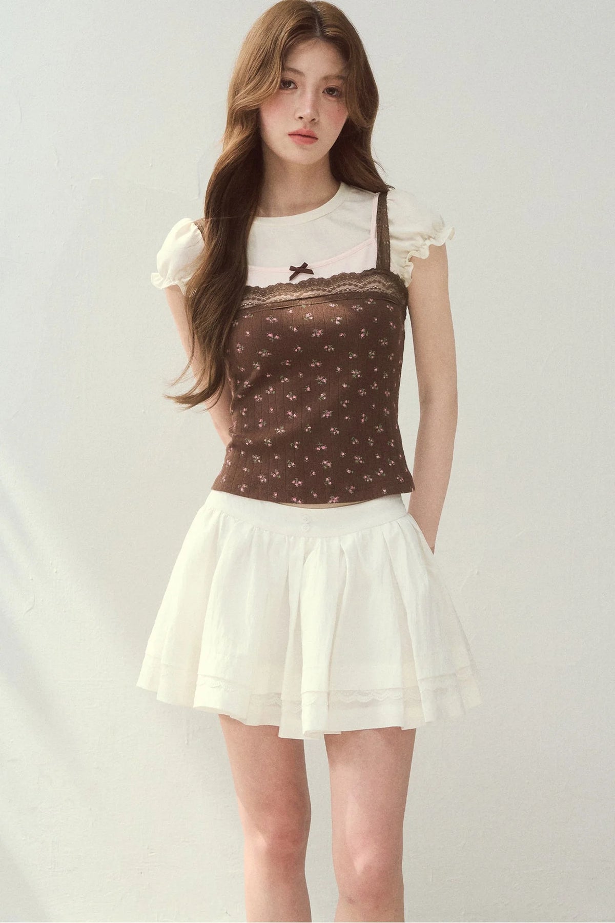 Floral Lace Strap Camisole And Puff Sleeve Top