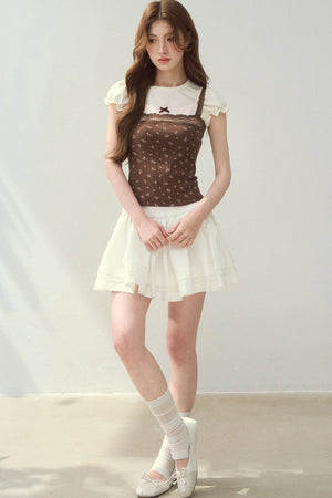 Floral Lace Strap Camisole And Puff Sleeve Top